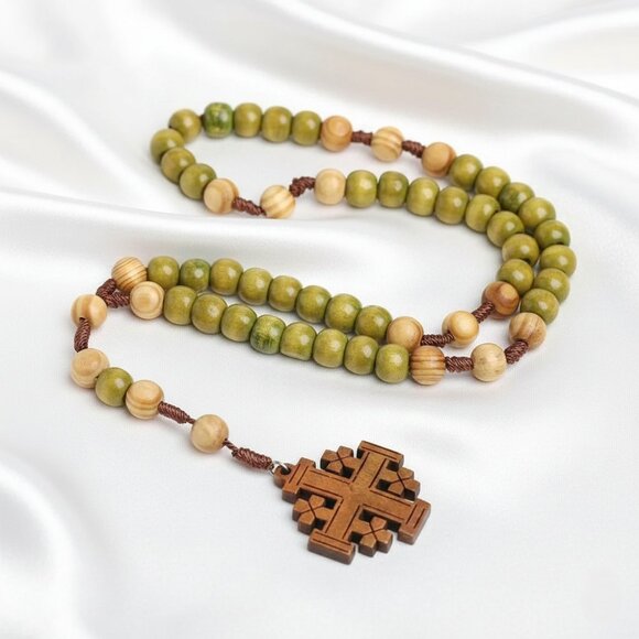 Olive Wood Rosary Jerusalem Holy Land Cross Necklace Hand Crafted NWOT - Picture 5 of 8